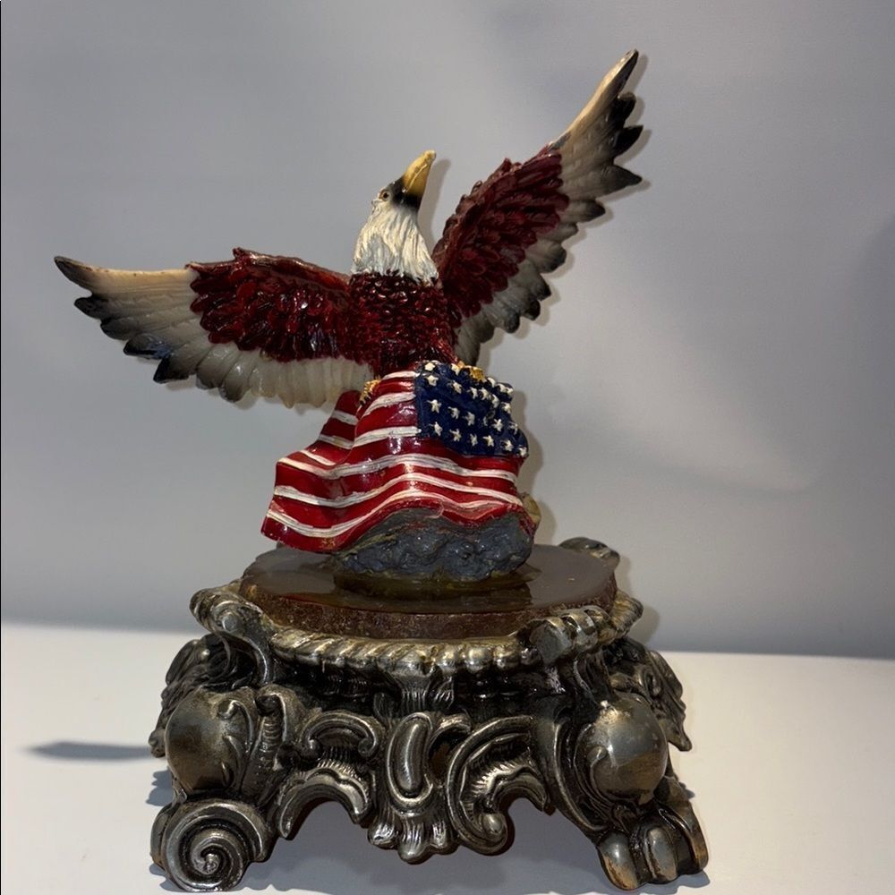 Majestic Eagle Sculpture with Flag and Silver Base